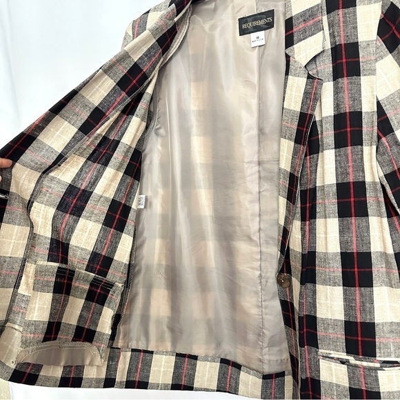 90s Vintage Requirements Linen Khaki Black Beige Red Checked Blazer Jacket Sz 10 - Picture 7 of 14